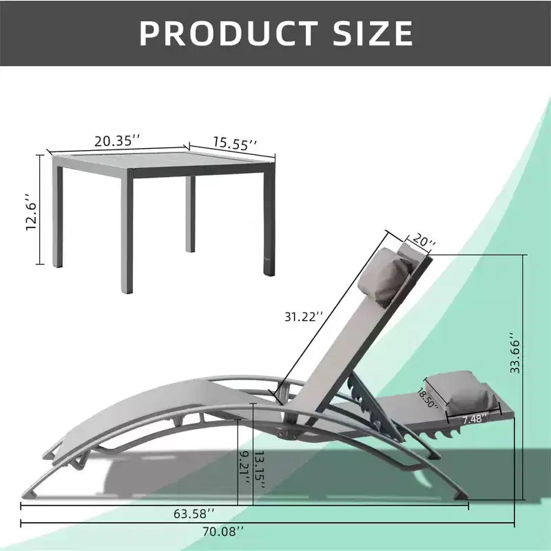 GDFStudio SunCurve Ensemble de 3 chaises longues empilables en métal et textilène pour l'extérieur