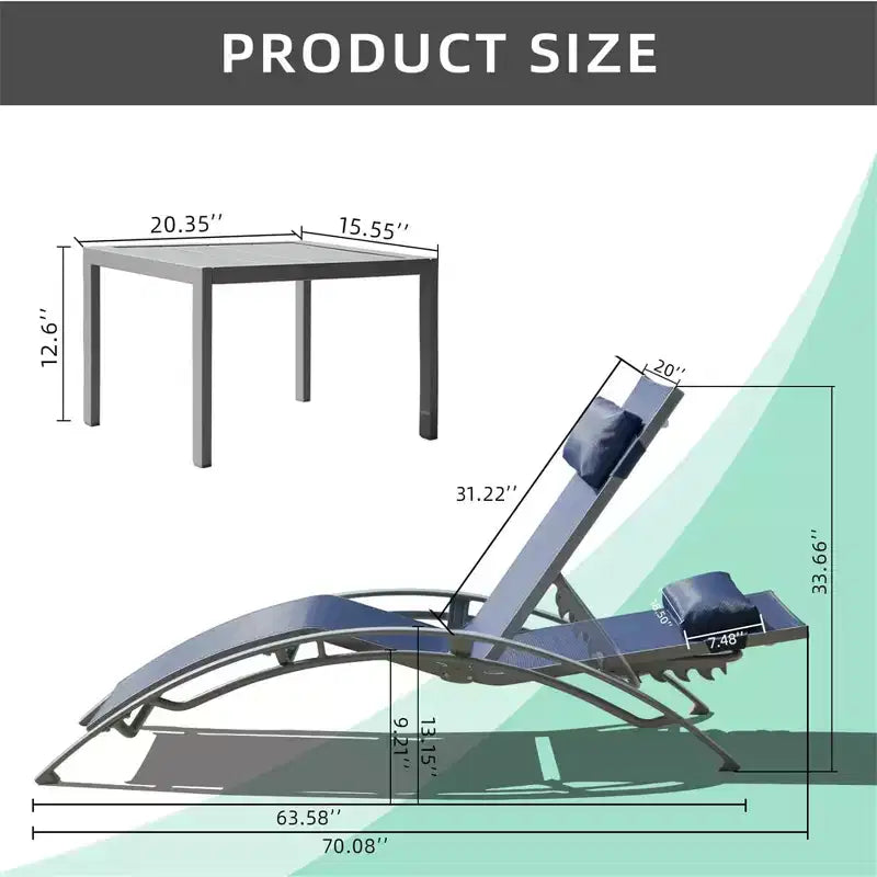 GDFStudio SunCurve Ensemble de 3 chaises longues empilables en métal et textilène pour l'extérieur