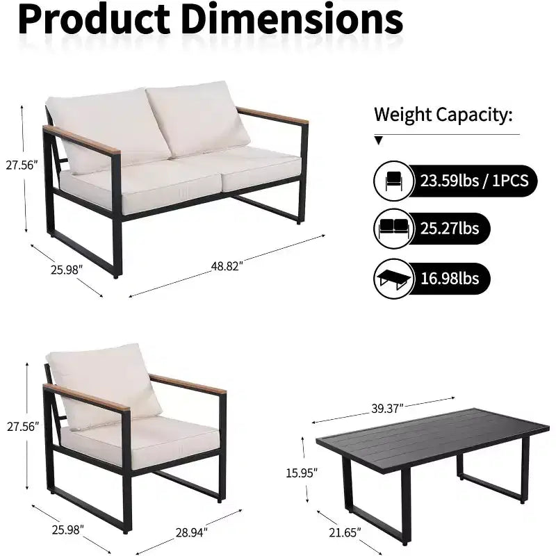 Ensemble de mobilier de patio en métal 4 pièces | Salon de jardin extérieur toutes saisons avec coussins épais et table basse | Idéal pour le jardin, le balcon, la cour