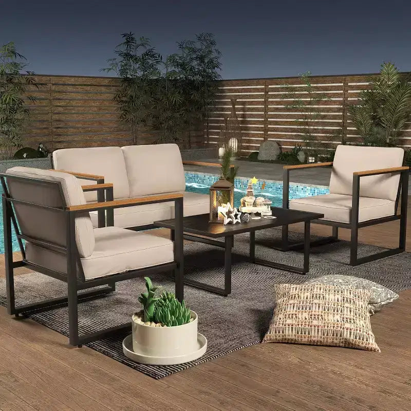 Ensemble de mobilier de patio en métal 4 pièces | Salon de jardin extérieur toutes saisons avec coussins épais et table basse | Idéal pour le jardin, le balcon, la cour