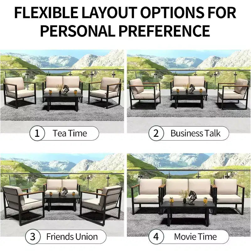 Ensemble de mobilier de patio en métal 4 pièces | Salon de jardin extérieur toutes saisons avec coussins épais et table basse | Idéal pour le jardin, le balcon, la cour