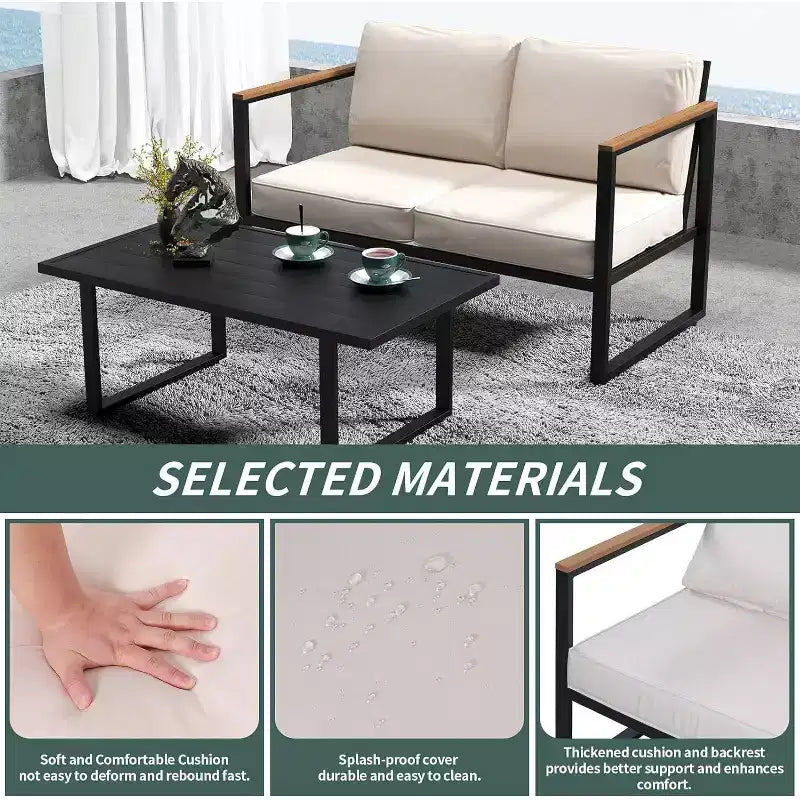 Ensemble de mobilier de patio en métal 4 pièces | Salon de jardin extérieur toutes saisons avec coussins épais et table basse | Idéal pour le jardin, le balcon, la cour