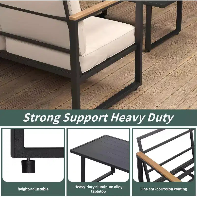 Ensemble de mobilier de patio en métal 4 pièces | Salon de jardin extérieur toutes saisons avec coussins épais et table basse | Idéal pour le jardin, le balcon, la cour