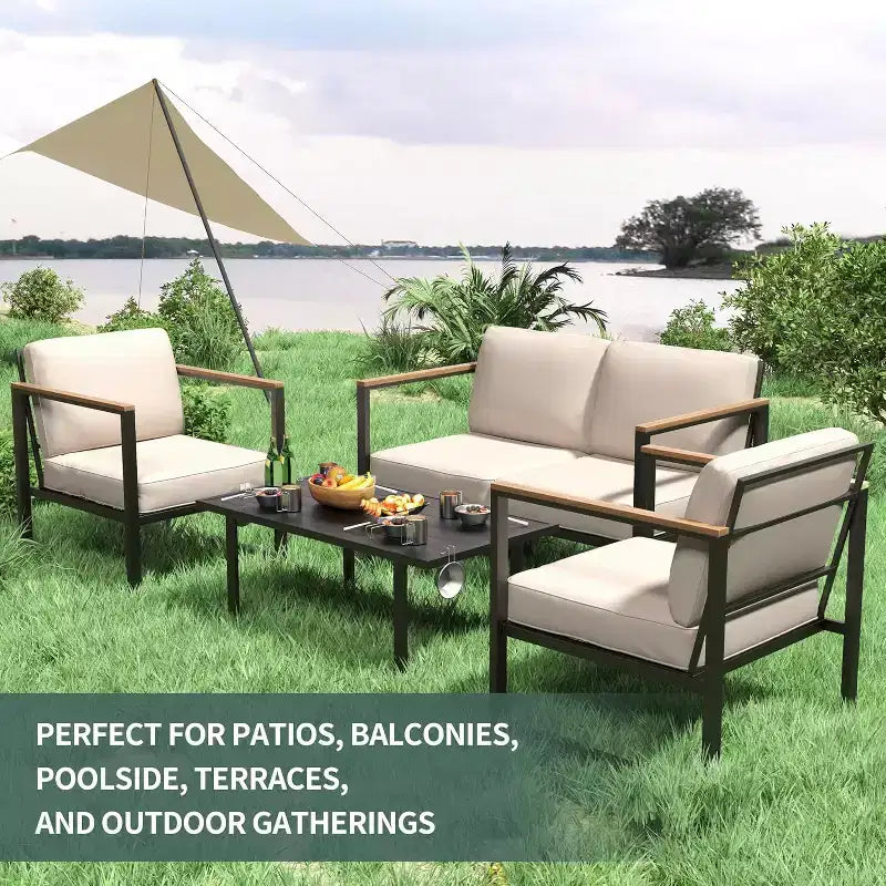 Ensemble de mobilier de patio en métal 4 pièces | Salon de jardin extérieur toutes saisons avec coussins épais et table basse | Idéal pour le jardin, le balcon, la cour