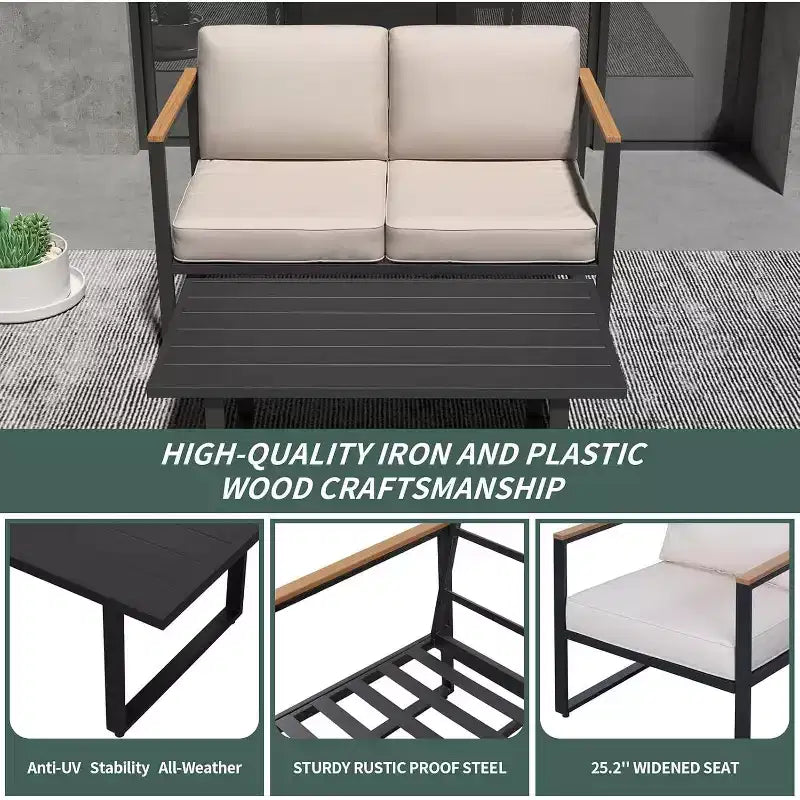 Ensemble de mobilier de patio en métal 4 pièces | Salon de jardin extérieur toutes saisons avec coussins épais et table basse | Idéal pour le jardin, le balcon, la cour