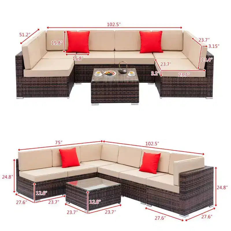 Karl Home | Sectionnels de canapé de conversation de patio en osier pour 6 personnes avec coussin