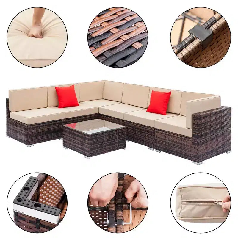 Karl Home | Sectionnels de canapé de conversation de patio en osier pour 6 personnes avec coussin