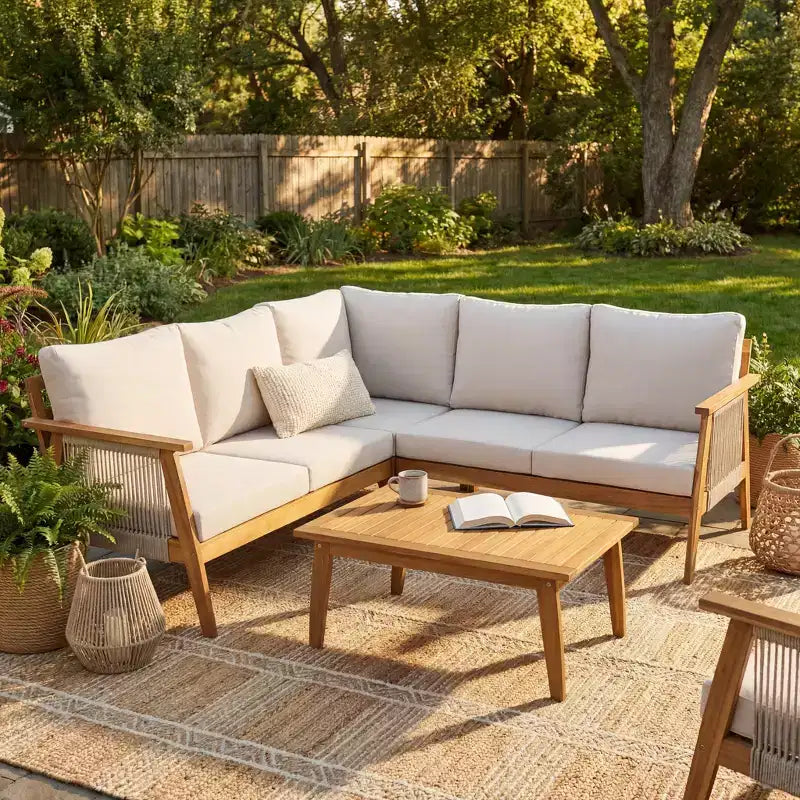GDFStudio Louie 4 Piece Outdoor Acacia Wood Sectional Sofa Set with Handwoven Rope