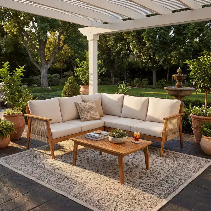 Ensemble de canapé d'angle d'extérieur 4 pièces en bois d'acacia et corde tressée GDFStudio Louie