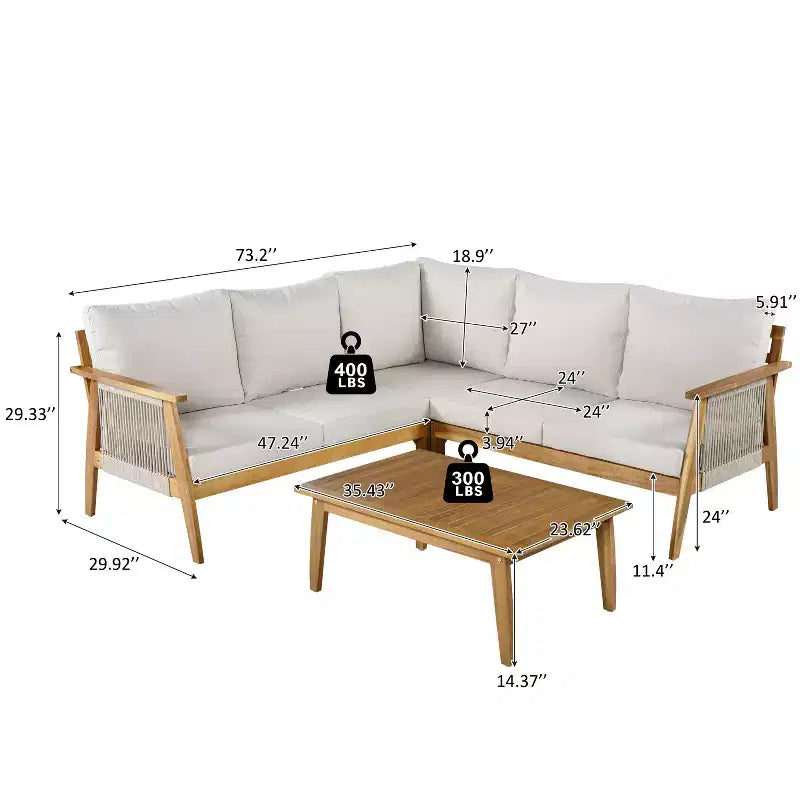 Ensemble de canapé d'angle d'extérieur 4 pièces en bois d'acacia et corde tressée GDFStudio Louie