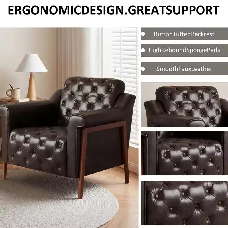 Dyonery Une chaise décorée de cuir de style médiéval, avec des pieds et un dossier en bois robustes, adaptée aux petits espaces, Marron