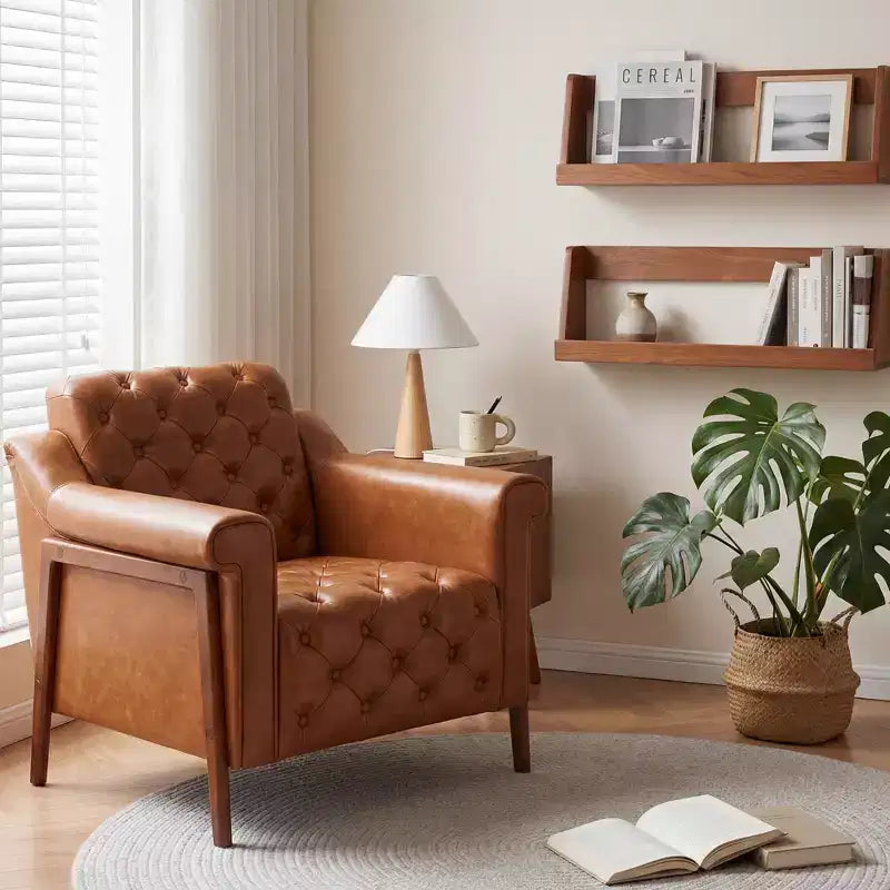 Dyonery A leather-decorated chair in medieval style, with sturdy wooden legs and backrest, suitable for small spaces, Brown