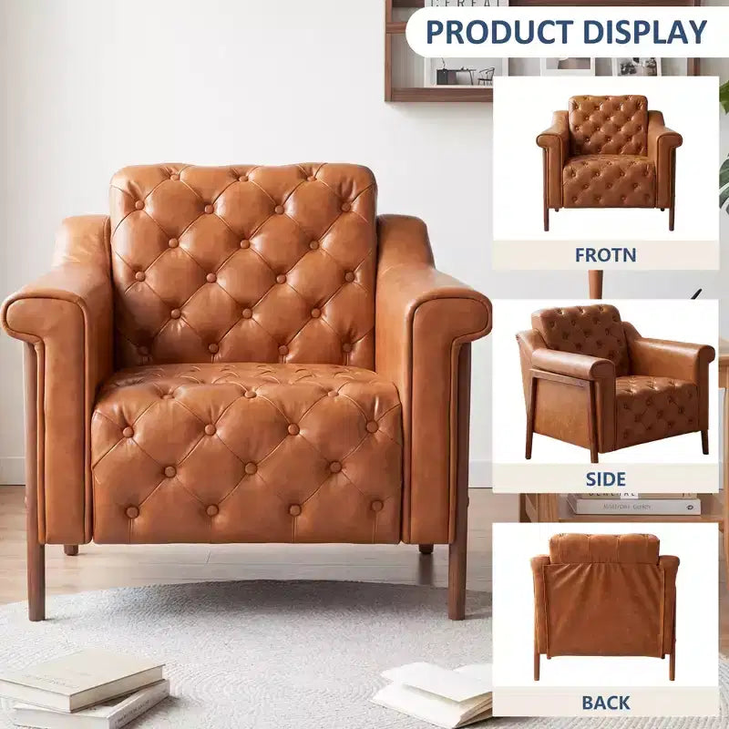Dyonery Une chaise décorée de cuir de style médiéval, avec des pieds et un dossier en bois robustes, adaptée aux petits espaces, Marron