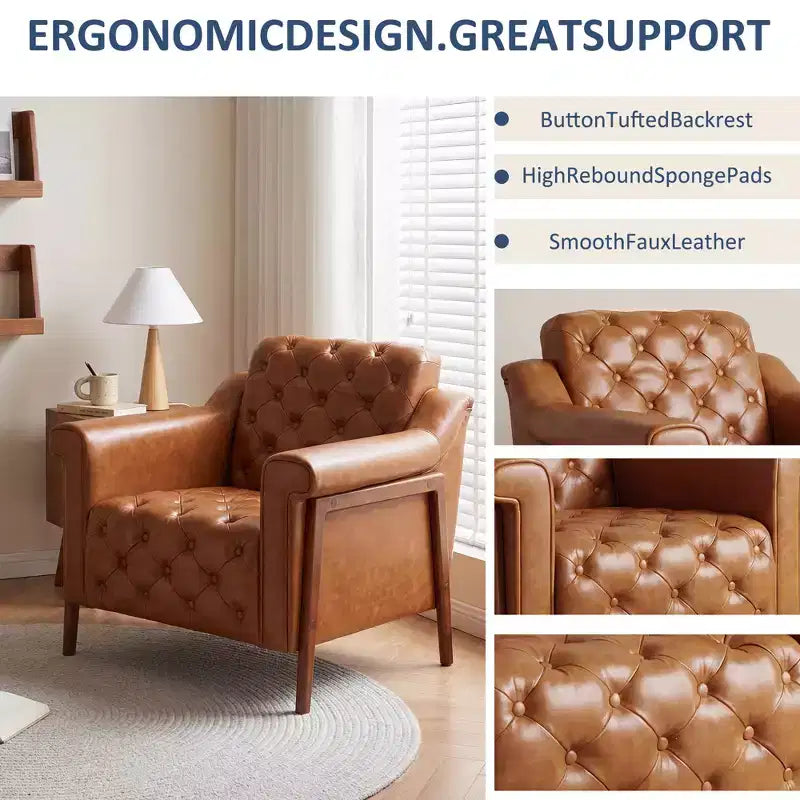Dyonery Une chaise décorée de cuir de style médiéval, avec des pieds et un dossier en bois robustes, adaptée aux petits espaces, Marron