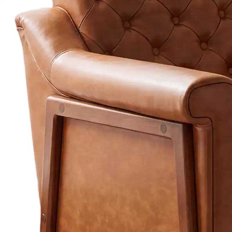 Dyonery Une chaise décorée de cuir de style médiéval, avec des pieds et un dossier en bois robustes, adaptée aux petits espaces, Marron