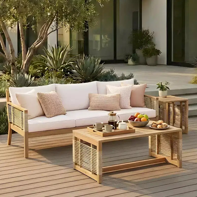 Outdoor Patio Acacia Wood 3-Seater Sofa Set with 2 Coffee Tables, Hand-Woven Rope Design, Water-Resistant Cushions for Backyard-Panipeachy