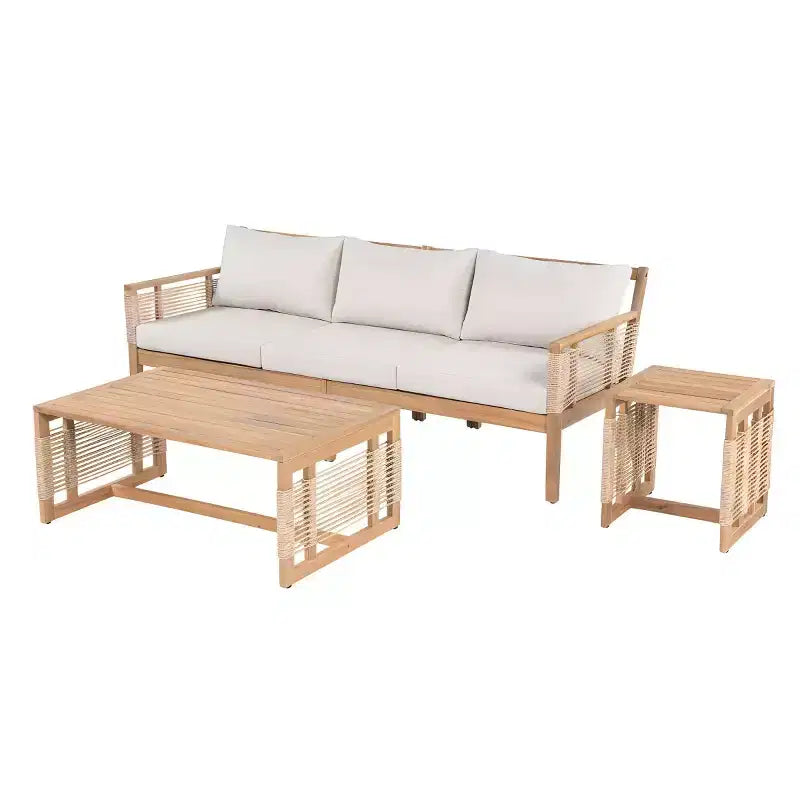 Ensemble de canapé 3 places en bois d'acacia pour patio extérieur avec 2 tables basses, design en corde tressée à la main, coussins résistants à l'eau pour jardin-Panipeachy