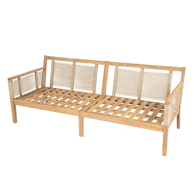Ensemble de canapé 3 places en bois d'acacia pour patio extérieur avec 2 tables basses, design en corde tressée à la main, coussins résistants à l'eau pour jardin-Panipeachy