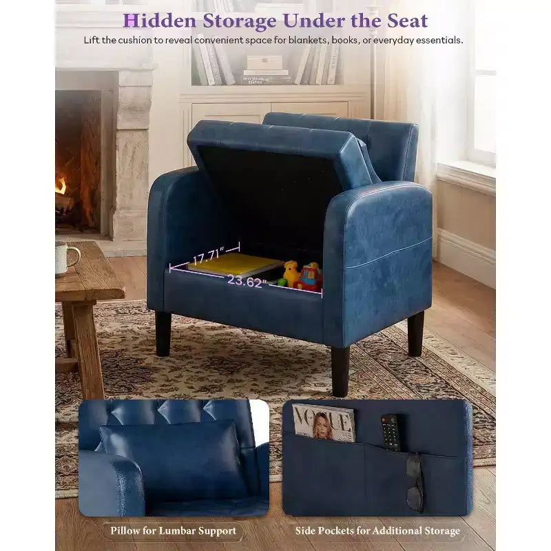 TYBOATLE Fauteuil d'appoint du milieu du siècle en similicuir avec rangement dissimulé, fauteuil capitonné avec poches latérales et coussin lombaire pour salon, bureau