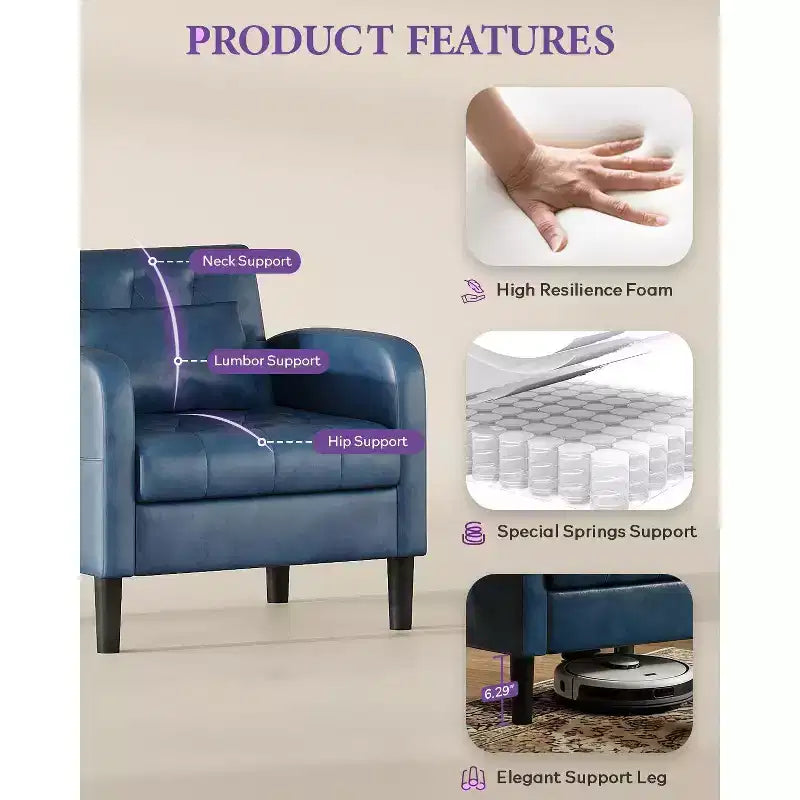 TYBOATLE Fauteuil d'appoint du milieu du siècle en similicuir avec rangement dissimulé, fauteuil capitonné avec poches latérales et coussin lombaire pour salon, bureau