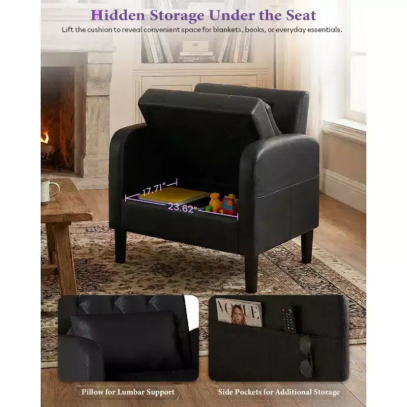 TYBOATLE Fauteuil d'appoint du milieu du siècle en similicuir avec rangement dissimulé, fauteuil capitonné avec poches latérales et coussin lombaire pour salon, bureau