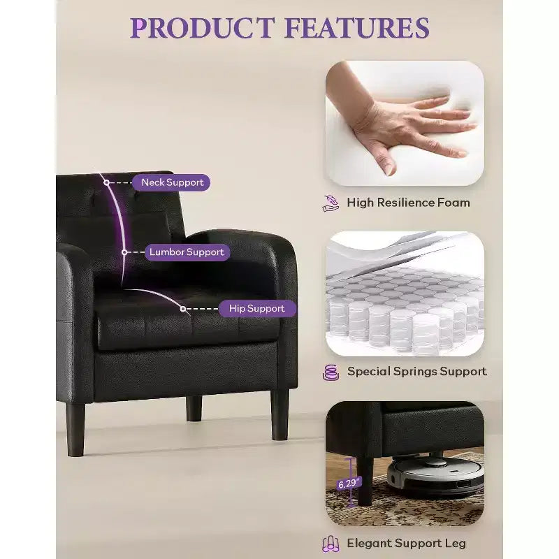TYBOATLE Fauteuil d'appoint du milieu du siècle en similicuir avec rangement dissimulé, fauteuil capitonné avec poches latérales et coussin lombaire pour salon, bureau
