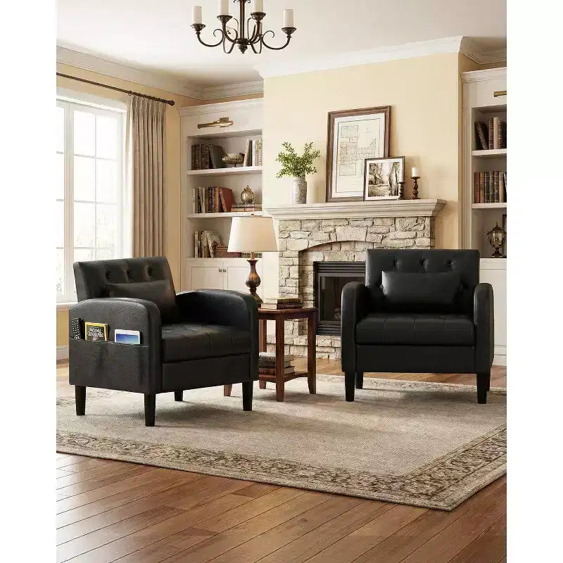 TYBOATLE Mid-Century Faux Leather Accent Chair with Hidden Storage, Tufted Armchair with Side Pockets & Lumbar Pillow for Living Room Office