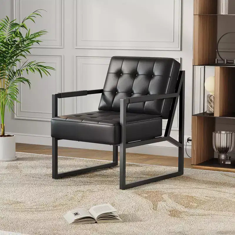 Mid-Century Modern Accent Chair Button-Tufted PU Leather Lounge Chair with Metal Frame, Ideal for Living Room, Bedroom, Office, Reception