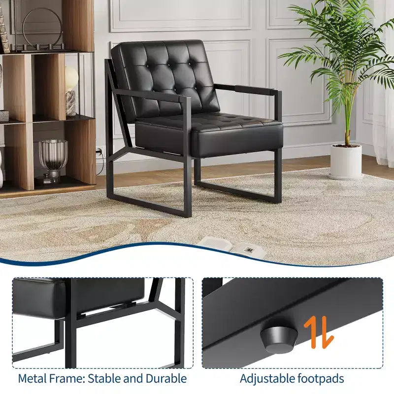 Mid-Century Modern Accent Chair Button-Tufted PU Leather Lounge Chair with Metal Frame, Ideal for Living Room, Bedroom, Office, Reception