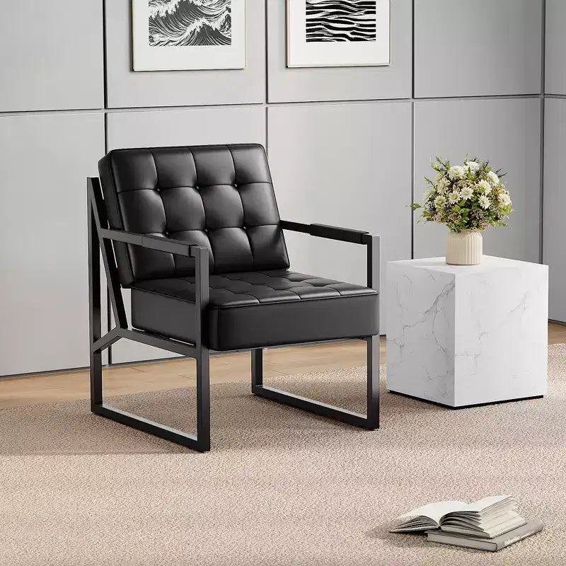 Mid-Century Modern Accent Chair Button-Tufted PU Leather Lounge Chair with Metal Frame, Ideal for Living Room, Bedroom, Office, Reception
