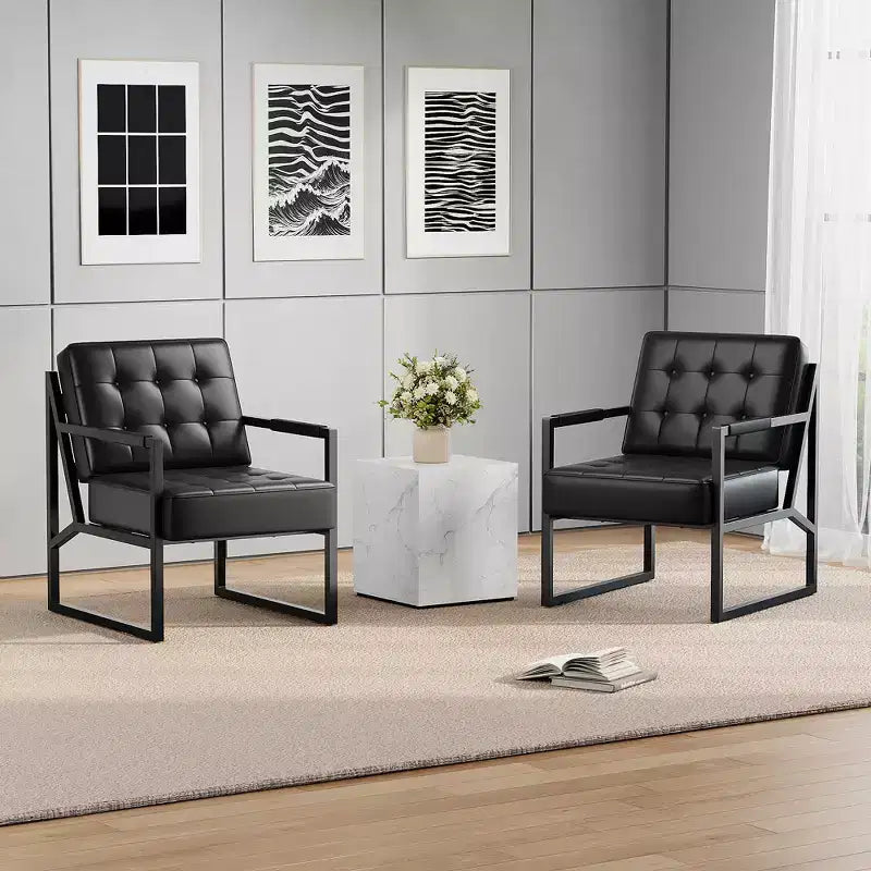Mid-Century Modern Accent Chair Button-Tufted PU Leather Lounge Chair with Metal Frame, Ideal for Living Room, Bedroom, Office, Reception