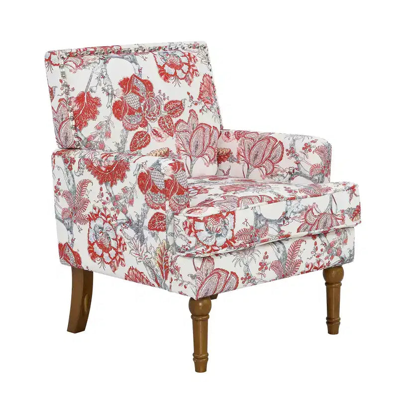 Zeus & Ruta Floral Upholstered Accent Chair with Nailhead Trim, Solid Wood Legs