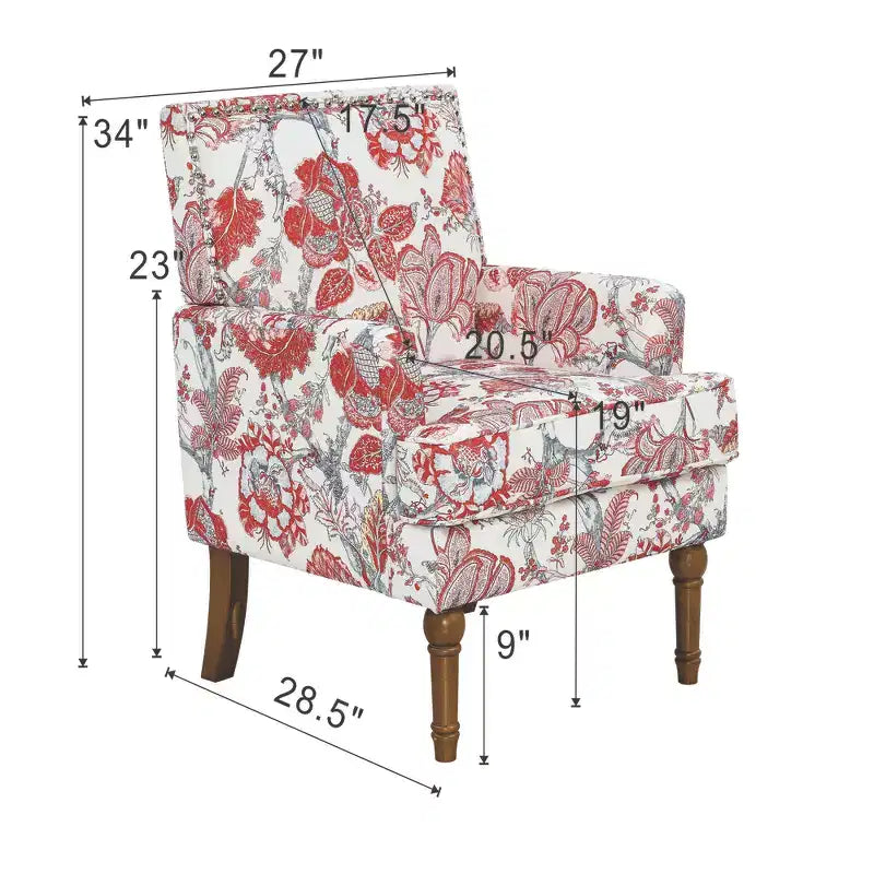 Zeus & Ruta Floral Upholstered Accent Chair with Nailhead Trim, Solid Wood Legs