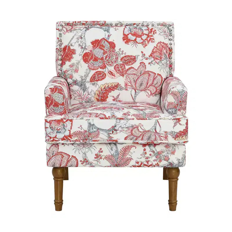 Zeus & Ruta Floral Upholstered Accent Chair with Nailhead Trim, Solid Wood Legs