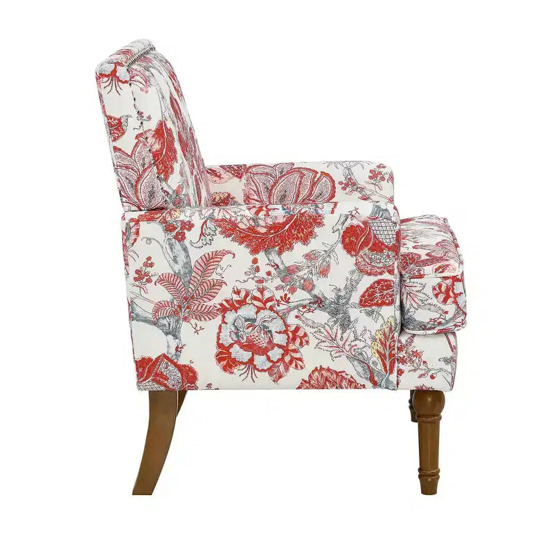 Zeus & Ruta Floral Upholstered Accent Chair with Nailhead Trim, Solid Wood Legs