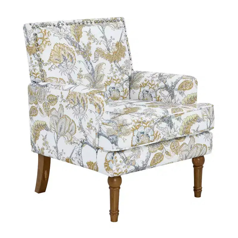 Zeus & Ruta Floral Upholstered Accent Chair with Nailhead Trim, Solid Wood Legs
