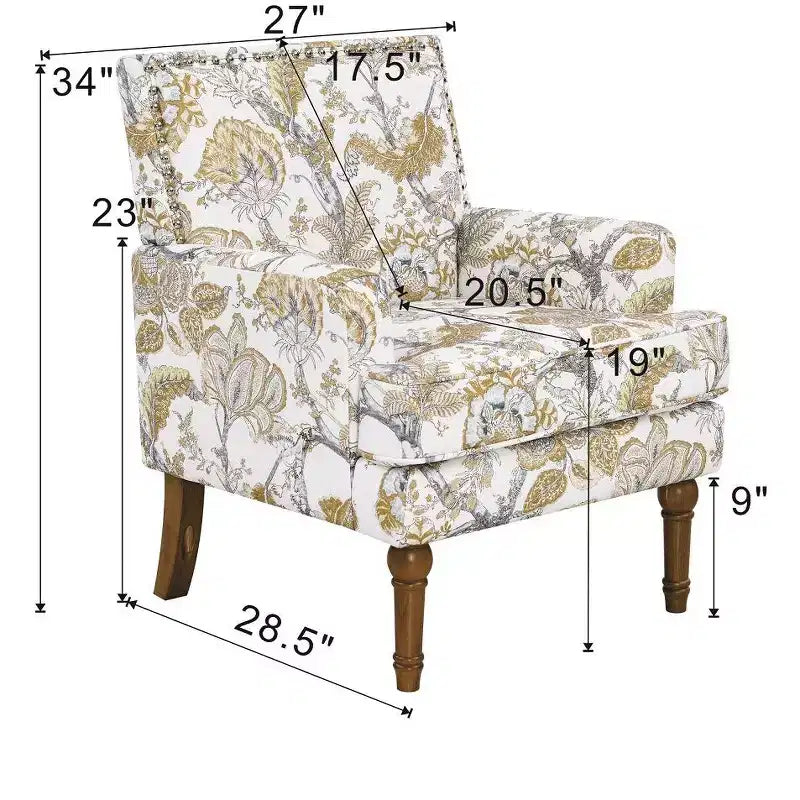Zeus & Ruta Floral Upholstered Accent Chair with Nailhead Trim, Solid Wood Legs