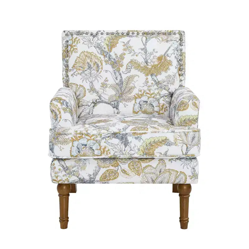 Zeus & Ruta Floral Upholstered Accent Chair with Nailhead Trim, Solid Wood Legs