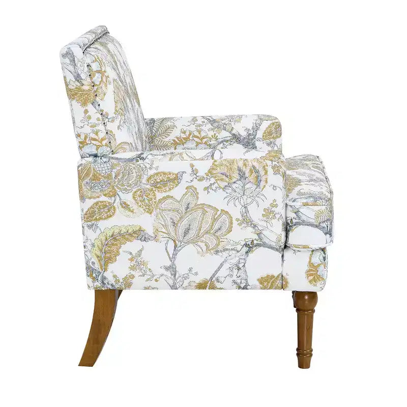 Zeus & Ruta Floral Upholstered Accent Chair with Nailhead Trim, Solid Wood Legs