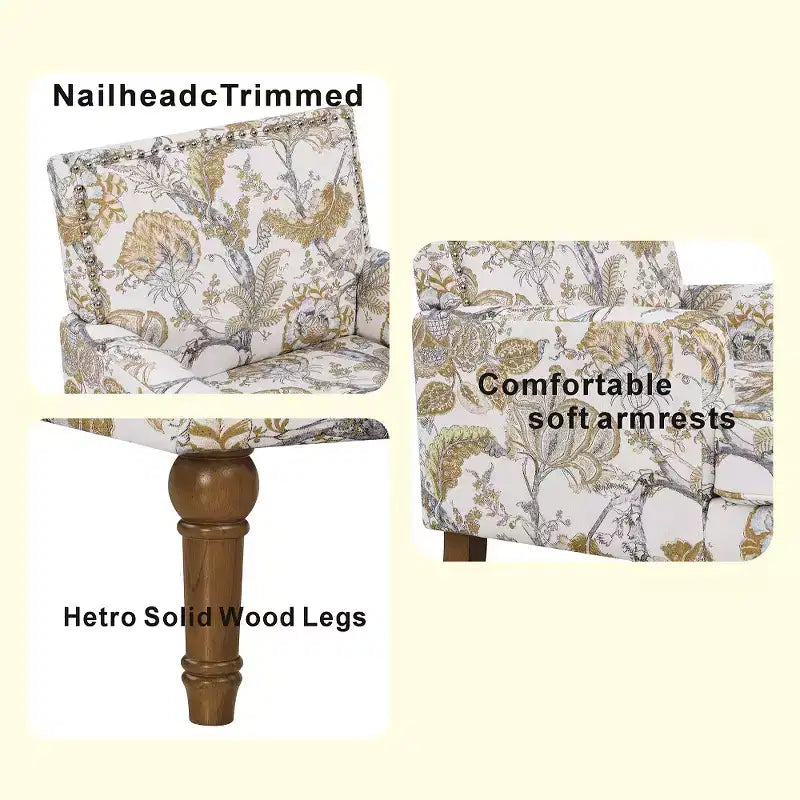 Zeus & Ruta Floral Upholstered Accent Chair with Nailhead Trim, Solid Wood Legs