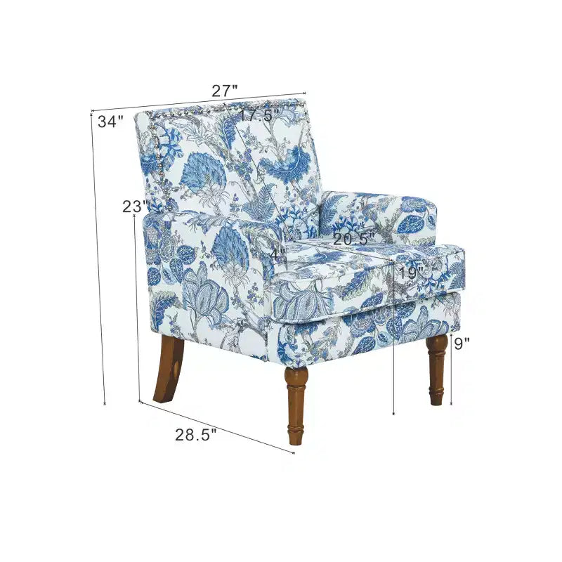 Zeus & Ruta Floral Upholstered Accent Chair with Nailhead Trim, Solid Wood Legs