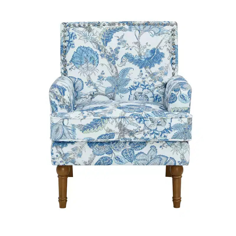 Zeus & Ruta Floral Upholstered Accent Chair with Nailhead Trim, Solid Wood Legs