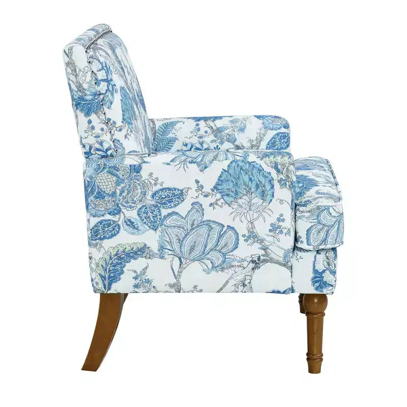 Zeus & Ruta Floral Upholstered Accent Chair with Nailhead Trim, Solid Wood Legs