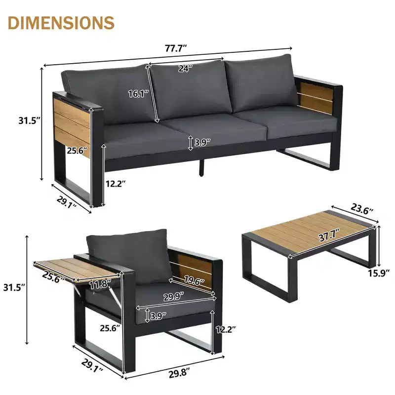 Christopher Knight Home Fransica Ensemble de 4 fauteuils de patio modernes en aluminium avec tables d'appoint dépliables
