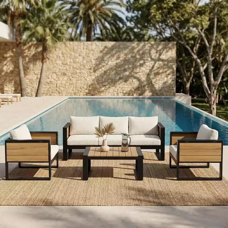 Christopher Knight Home Fransica Ensemble de 4 fauteuils de patio modernes en aluminium avec tables d'appoint dépliables