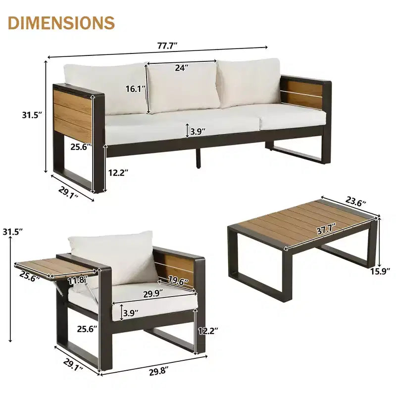 Christopher Knight Home Fransica Ensemble de 4 fauteuils de patio modernes en aluminium avec tables d'appoint dépliables