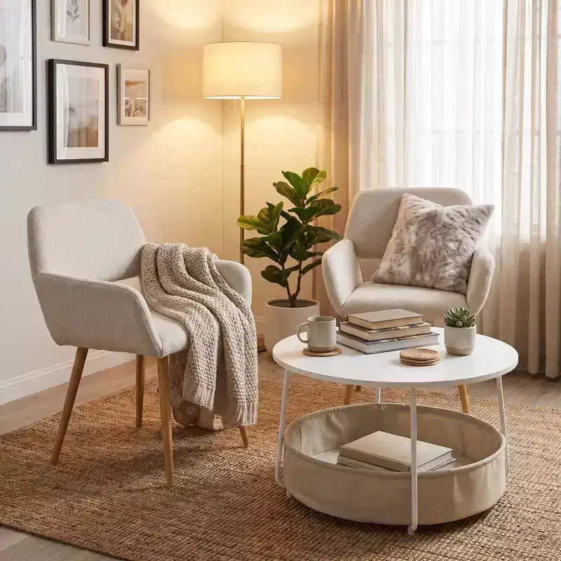 Ensemble 3 pièces de fauteuils d'appoint et table basse FurnitureR, table d'appoint ronde avec 2 chaises rembourrées pour salon, salle de séjour ou appartement