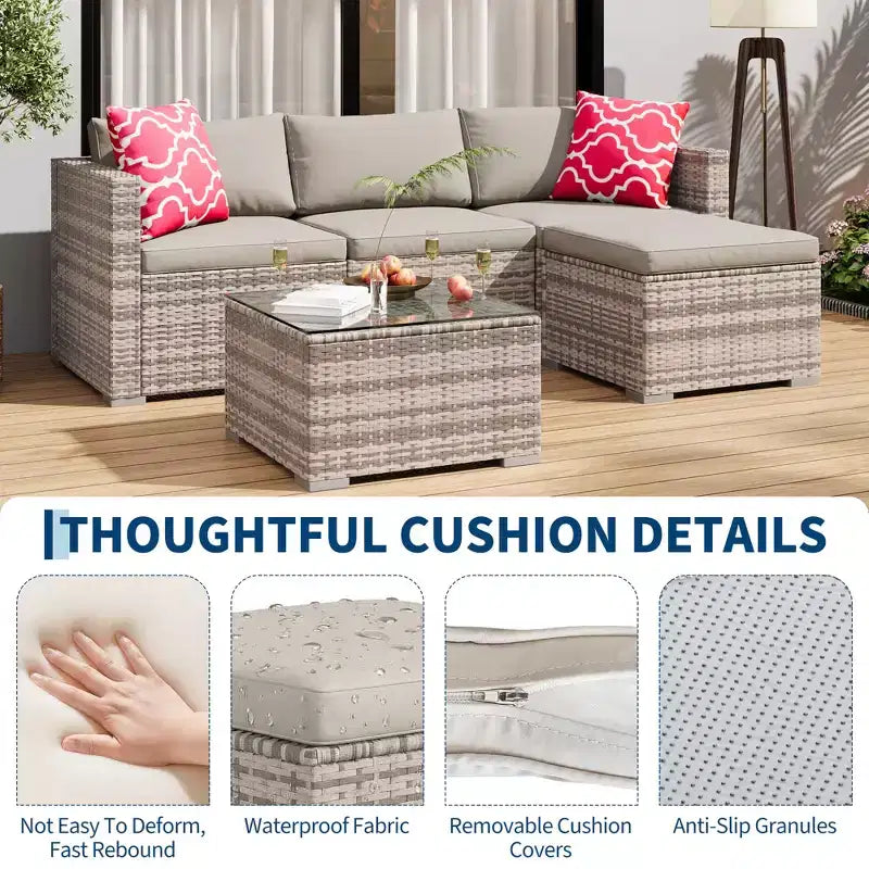 Ensemble de mobilier de patio 5 pièces COZONY, canapé sectionnel en rotin osier résistant aux intempéries avec coussins et table basse en verre pour jardin, véranda, balcon