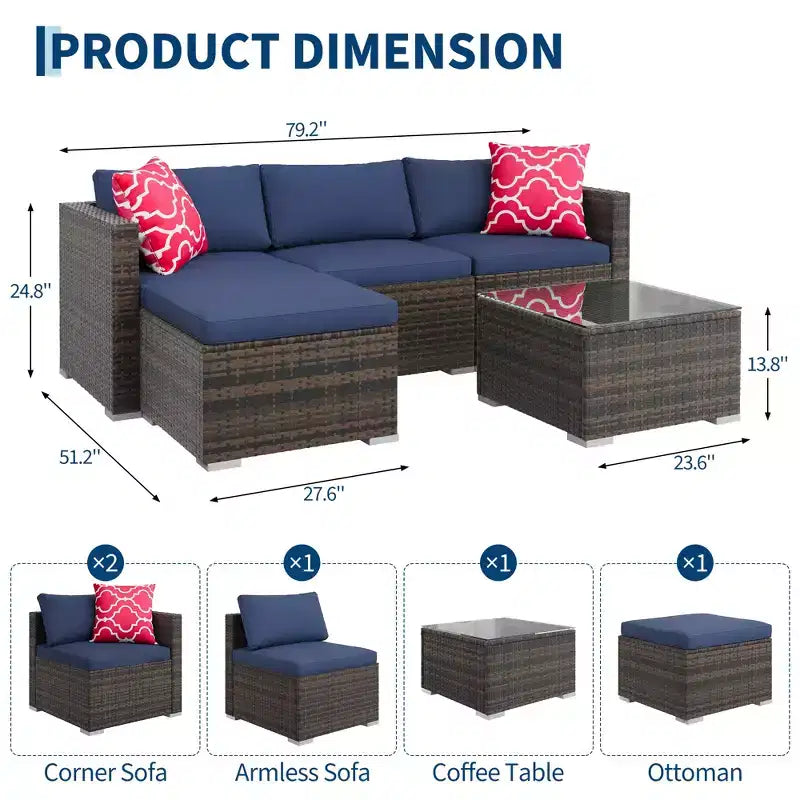 Ensemble de mobilier de patio 5 pièces COZONY, canapé sectionnel en rotin osier résistant aux intempéries avec coussins et table basse en verre pour jardin, véranda, balcon
