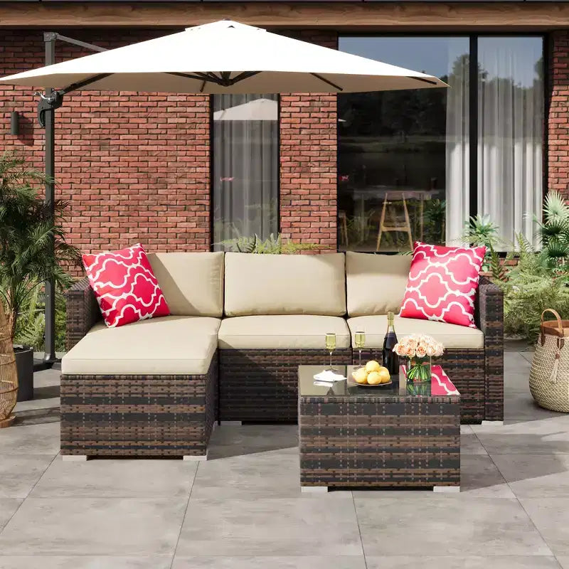 Ensemble de mobilier de patio 5 pièces COZONY, canapé sectionnel en rotin osier résistant aux intempéries avec coussins et table basse en verre pour jardin, véranda, balcon